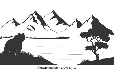 Mountains view, banner in flat cartoon design. Rock peaks, mountains, bears, forest on slopes lakeside. Wildlife panoramic landscape. Vector illustration of web background.