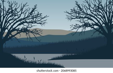 Mountains view with fantastic dry tree silhouette from the riverbank on a sunny morning. Vector illustration of a city