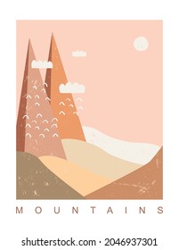 Mountains View Print with Blush Pink Sky, Sun and Small Clouds. Abstract Modern Mountainside Vector Illustration ideal for Wall Art, Poster, Card. Landscape With Fields and Hills. The Wilds.