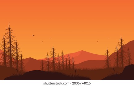 Mountains view with realistic dry tree silhouettes from the outskirts of the city at dusk. Vector illustration of a city