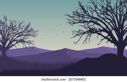 Mountains view with realistic dry tree silhouette from the out of the city at sunrise in the morning. Vector illustration of a city