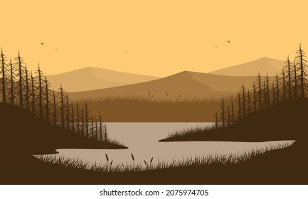 Mountains view with a realistic silhouette of pine trees from the lakeside at dusk in the evening. Vector illustration of a city