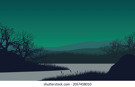 Las montañas miran con siluetas realistas de ramas de árbol seco de la orilla del río por la noche. Ilustración vectorial de una ciudad