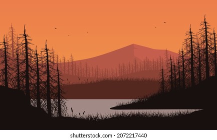 Mountains view with stunning pine tree silhouette from the lakeside at dusk. Vector illustration of a city