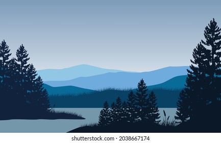 Mountains views with aesthetic silhouettes of pine trees in the morning from the river bank. Vector illustration of a city