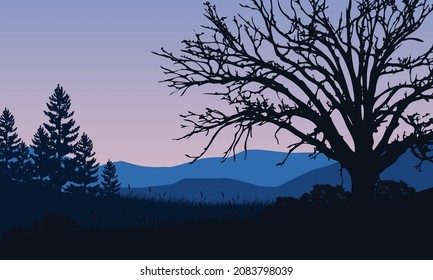 Mountains views with aesthetic tree silhouettes from the out of the city at dusk. Vector illustration of a city