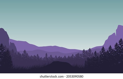 Mountains views with fantastic tree silhouettes in the morning from the edge of town. Vector illustration of a city