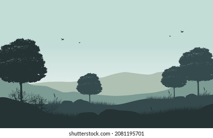 Mountains views with fantastic tree silhouettes from the village at sunrise in the morning. Vector illustration of a city