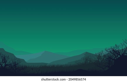 Mountains views with realistic silhouettes of small grasses at night from the out of the city. Vector illustration of a city