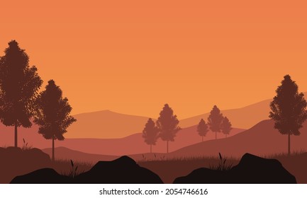 Mountains views with stunning pine tree silhouettes at dusk from the out of the city. Vector illustration of a city