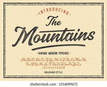  " The Mountains". Vintage Brush Script Modern Alphabet. Retro Typeface. Vector Font Illustration. Vector