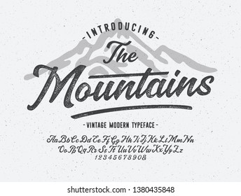  " The Mountains". Vintage Brush Script Modern Alphabet. Retro Typeface. Vector 