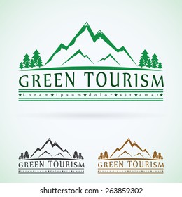 Mountains vintage vector logo design template, green tourism icon. 
