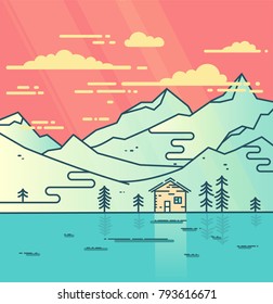  Mountains, water and cloudy sky flat vector illustration. House near ther lake. Modern concept