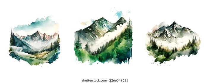 la naturaleza salvaje de las montañas acuarela. cordillera vectorial acuarela con picos altos contra el cielo azul. diseño gráfico para invitaciones de boda e imágenes en afiches de pared arte. iluminador vectorial