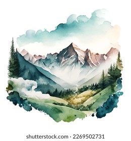 mountains watercolor forest wild nature. vector watercolour mountain range with high peaks against the blue sky. graphics design for wedding invitations and pictures on wall posters art vector 