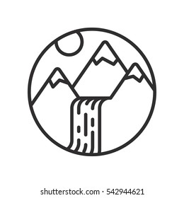 Mountains And Waterfall Linear Icon.