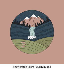 Mountains, waterfall on the background of the night sky, badge. Retro hand-drawn vector. For printing on T-shirts, posters and other purposes.