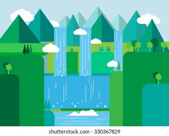 Mountains waterfall. Summer landscapes illustration