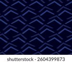 Mountains, waves, lines, triangles. Deep blue colors. Style and fashion. Seamless vector pattern for design and decoration. 
