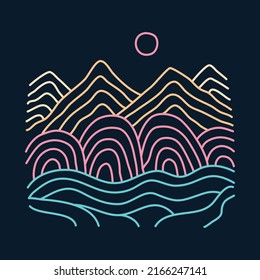 Mountains with waves mono line graphic illustration vector art t-shirt design