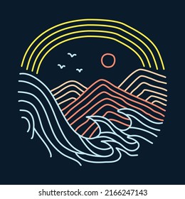 Mountains with waves mono line graphic illustration vector art t-shirt design