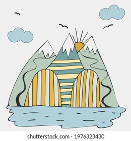 Mountains and waves in a scandinavian style. Illustration of nature for children. Vector illustration with a simple objects.