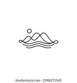 mountains and waves with sunlight logo design line art