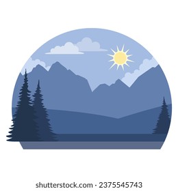 Mountains and wild forest background, isolated badge with copy space