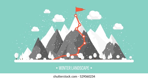 Mountains in Winter, Peak with Snow. Nature Landscape. Christmas Travel. Hiking and Camping. Wild life. Achievement, Exploring, Discovery. Flat Style.