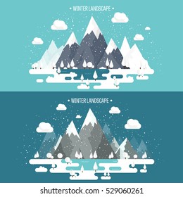 Mountains in Winter, Peak with Snow. Nature Landscape. Christmas Travel. Hiking and Camping. Wild life. Achievement, Exploring, Discovery. Flat Style.