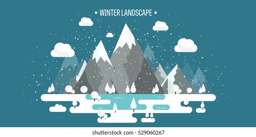 Mountains in Winter, Peak with Snow. Nature Landscape. Christmas Travel. Hiking and Camping. Wild life. Achievement, Exploring, Discovery. Flat Style.