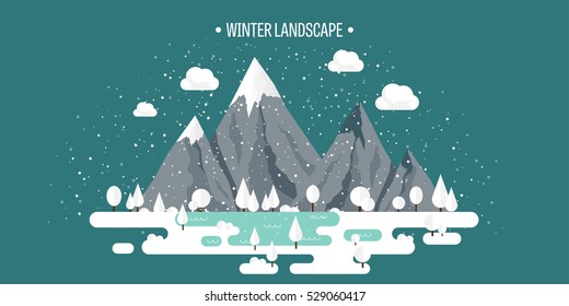 Mountains in Winter, Peak with Snow. Nature Landscape. Christmas Travel. Hiking and Camping. Wild life. Achievement, Exploring, Discovery. Flat Style.