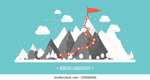 Mountains in Winter, Peak with Snow. Nature Landscape. Christmas Travel. Hiking and Camping. Wild life. Achievement, Exploring, Discovery. Flat Style.