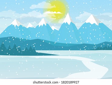 Berge im Winter. Es schneit und die Sonne scheint hell. Weg in die Berge. Vektorgrafik