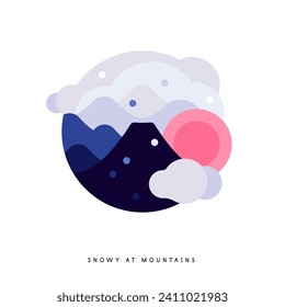 Montañas en invierno. Volcán, nieve y sol. Ilustración plana de forma redondeada simple y moderna. Archivo vector.