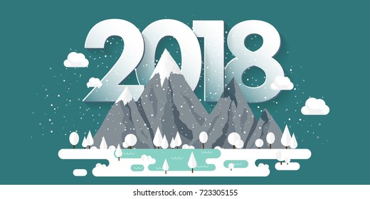 Mountains in Winter,2018 Peak with Snow. Nature Landscape. Christmas Travel. Hiking and Camping. Flat Style.