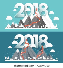 Mountains in Winter,2018 Peak with Snow. Nature Landscape. Christmas Travel. Hiking and Camping. Flat Style.