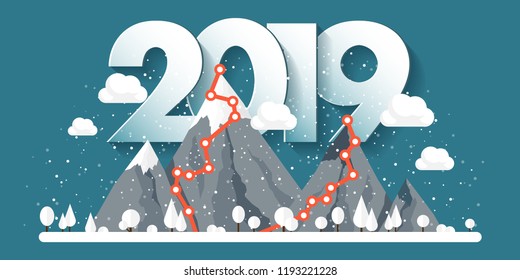 Mountains in Winter,2019 Peak with Snow. Nature Landscape. Christmas Travel. Hiking and Camping. Flat Style.