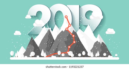 Mountains in Winter,2019 Peak with Snow. Nature Landscape. Christmas Travel. Hiking and Camping. Flat Style.