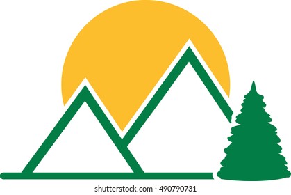 Mountains wood and sun icon