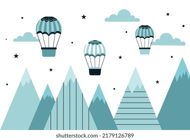 Mountainscape with air balloons. Scandinavian style landscape, travel and adventure. Flying vehicles next to peaks, cliff and rocks. Poster or banner for website. Cartoon flat vector illustration