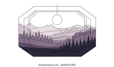 Montanhas e Árvores Evergreen Fechadas em uma ilustração octógono transparente geométrica