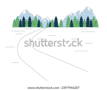 Mountainside ski trail line cartoon flat illustration. Snowing slope. Backcountry skiing area 2D lineart landscape isolated on white background. Mountain snow track scene vector color image