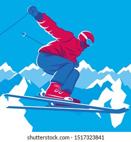 MOUNTAIN-SKIER JUMPING ON THE MOUNTAINS BACKGROUND