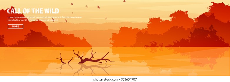 Mountains,lake and forest header. Wild nature landscape. Travel and adventure.Panorama. Into the woods. Horizon line.Trees,fogfog.