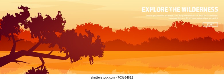 Mountains,lake and forest header. Wild nature landscape. Travel and adventure.Panorama. Into the woods. Horizon line.Trees,fogfog.