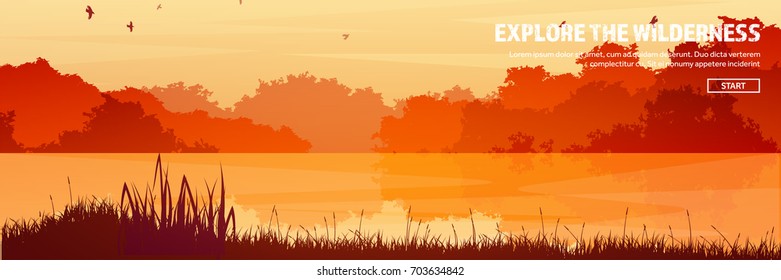 Mountains,lake and forest header. Wild nature landscape. Travel and adventure.Panorama. Into the woods. Horizon line.Trees,fogfog.