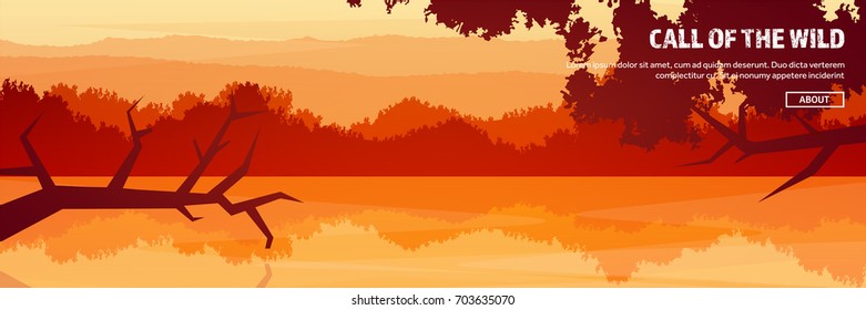 Mountains,lake and forest header. Wild nature landscape. Travel and adventure.Panorama. Into the woods. Horizon line.Trees,fogfog.