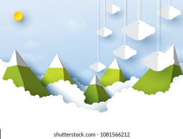 Mountain,sun and cloudy on blue sky background paper art style.Vector illustration.